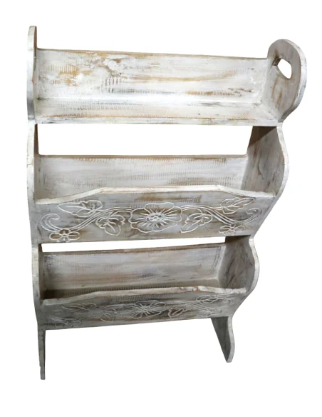 Portariviste in Legno di Albesia Intagliato a Mano – Stile Shabby Chic | Appendibile | Artigianato Indonesiano 73 cm