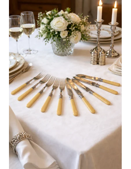 Servizio Posate da Pesce Inglesi Fine ‘800 – Inizio ‘900 – Manici Color Avorio, 6 Forchette e 6 Coltelli Cesellati – Set Antico