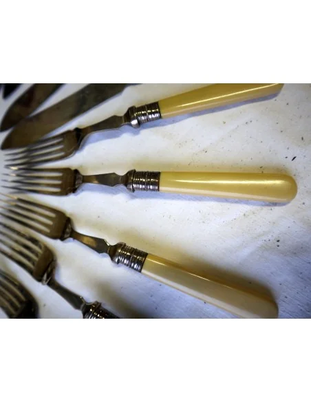 Servizio Posate da Pesce Inglesi Fine ‘800 – Inizio ‘900 – Manici Color Avorio, 6 Forchette e 6 Coltelli Cesellati – Set Antico