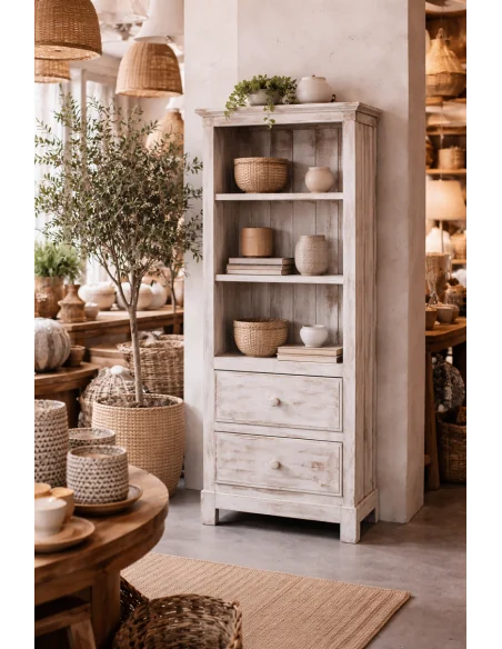 Libreria in Legno di Albesia 150 cm Bianca Decapata – Mobile Artigianale con 2 Ripiani e 2 Cassetti – Stile Shabby Naturale