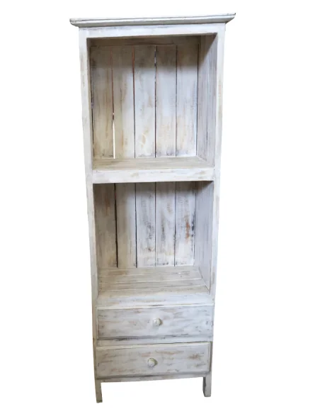 Libreria in Legno di Albesia 150 cm Bianca Decapata – Mobile Artigianale con 2 Ripiani e 2 Cassetti – Stile Shabby Naturale