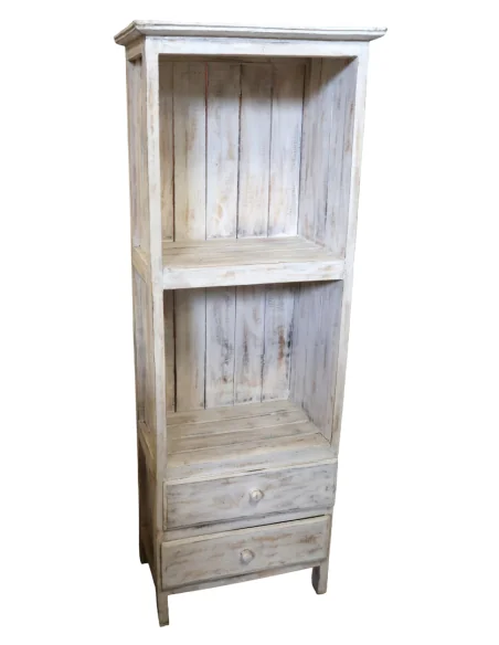 Libreria in Legno di Albesia 150 cm Bianca Decapata – Mobile Artigianale con 2 Ripiani e 2 Cassetti – Stile Shabby Naturale