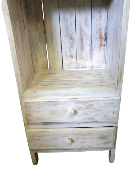 Libreria in Legno di Albesia 150 cm Bianca Decapata – Mobile Artigianale con 2 Ripiani e 2 Cassetti – Stile Shabby Naturale