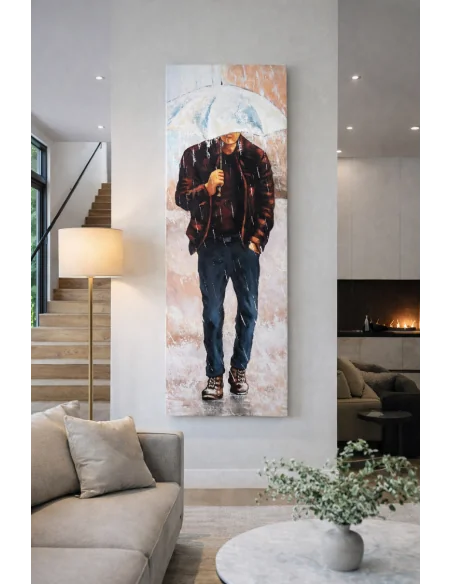 Quadro Moderno Verticale 150x50 cm – Uomo sotto la Pioggia – Dipinto a Mano su Tela – Arte Contemporanea Indonesiana
