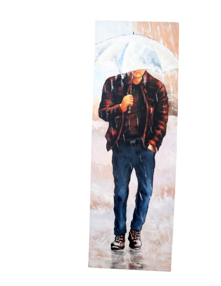 Quadro Moderno Verticale 150x50 cm – Uomo sotto la Pioggia – Dipinto a Mano su Tela – Arte Contemporanea Indonesiana