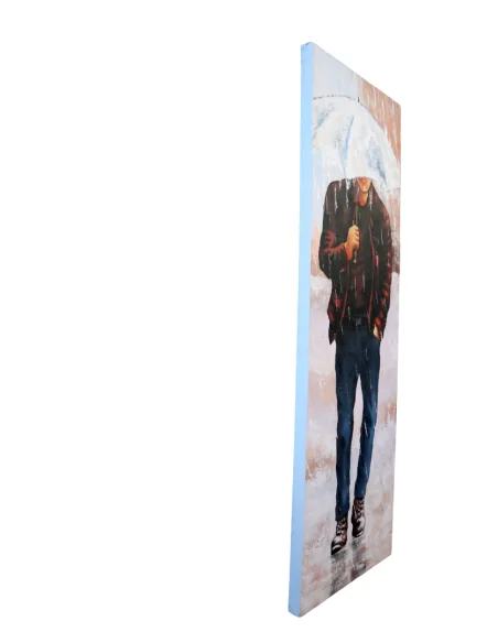 Quadro Moderno Verticale 150x50 cm – Uomo sotto la Pioggia – Dipinto a Mano su Tela – Arte Contemporanea Indonesiana