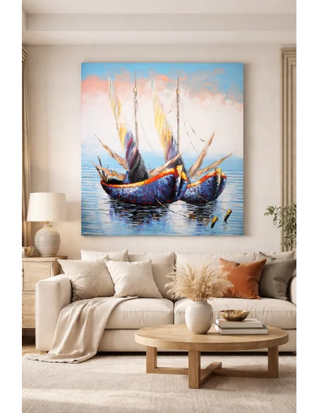 Quadro Barche a Vela 100x120 cm – Dipinto a Mano su Tela in Cotone | Arte Moderna Marina Made in Indonesia