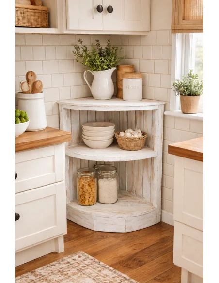 Angoliera Country in Legno di Albesia – Mobiletto Angolare Artigianale Bianco Decapato | 70 cm | Fatto a Mano in Indonesia