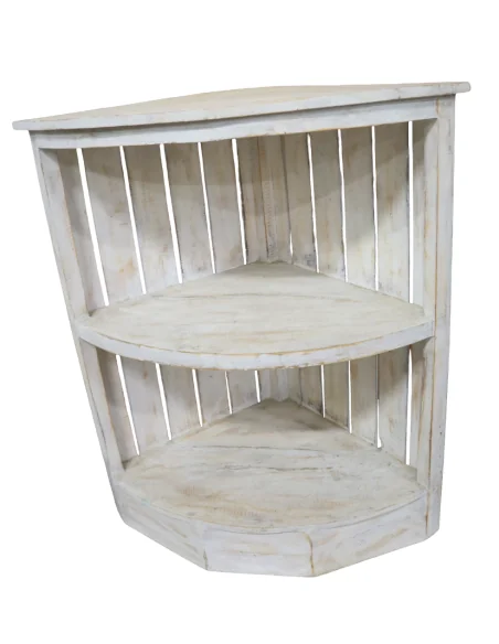 Angoliera Country in Legno di Albesia – Mobiletto Angolare Artigianale Bianco Decapato | 70 cm | Fatto a Mano in Indonesia