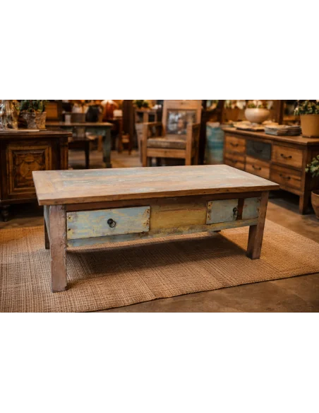 Tavolino da Caffè Vintage in Legno di Recupero Indonesiano 120x60 cm – Artigianale con Cassetti e Top Rialzato