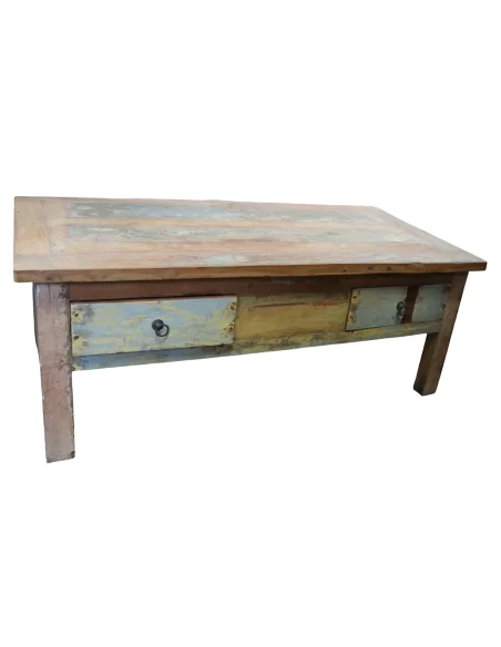 Tavolino da Caffè Vintage in Legno di Recupero Indonesiano 120x60 cm – Artigianale con Cassetti e Top Rialzato