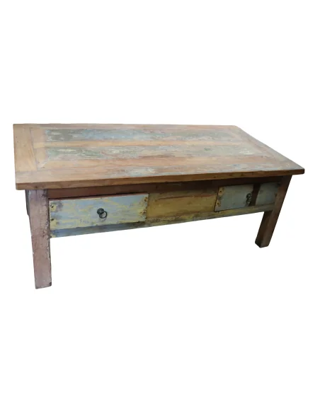 Tavolino da Caffè Vintage in Legno di Recupero Indonesiano 120x60 cm – Artigianale con Cassetti e Top Rialzato