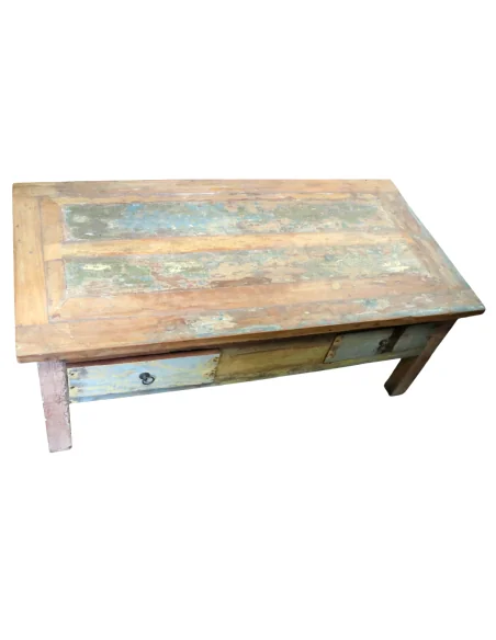 Tavolino da Caffè Vintage in Legno di Recupero Indonesiano 120x60 cm – Artigianale con Cassetti e Top Rialzato