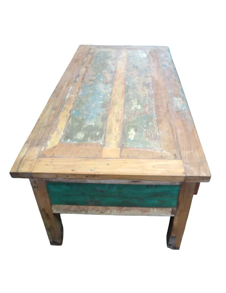 Tavolino da Caffè Vintage in Legno di Recupero Indonesiano 120x60 cm – Artigianale con Cassetti e Top Rialzato