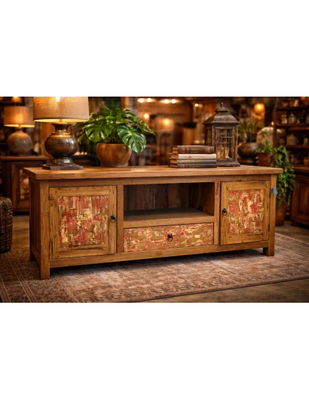 Mobile Porta TV Vintage in Legno di Recupero Indonesiano 150 cm – Credenza Artigianale Stile Industrial Nautico