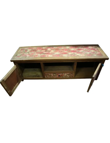 Mobile Porta TV Vintage in Legno di Recupero Indonesiano 150 cm – Credenza Artigianale Stile Industrial Nautico