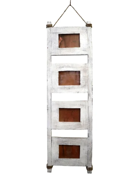 Portafoto Multiplo in Legno Artigianale Indonesiano – Cornice da Parete per 4 Foto 10x15 Stile Rustico Shabby