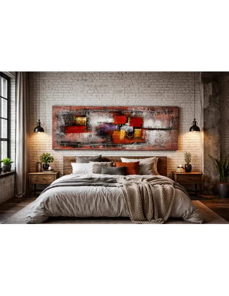 Quadro Astratto Moderno 60x180 cm – Dipinto a Mano su Tela | Stile Loft Industriale Rosso Nero Oro
