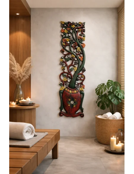 Albero della Vita in Legno Intagliato e Dipinto a Mano – Arte Indonesiana 100 cm | Decorazione Etnica Unica per Casa e Spa