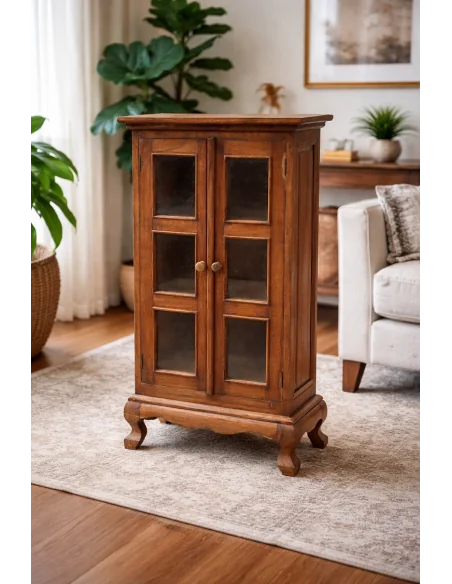 Vetrinetta in Legno di Teak Massello Artigianale Indonesiana – Mobile Elegante con Ante in Vetro 45x23x90 cm