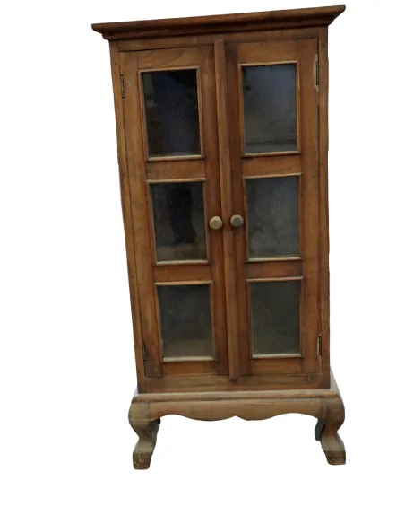 Vetrinetta in Legno di Teak Massello Artigianale Indonesiana – Mobile Elegante con Ante in Vetro 45x23x90 cm