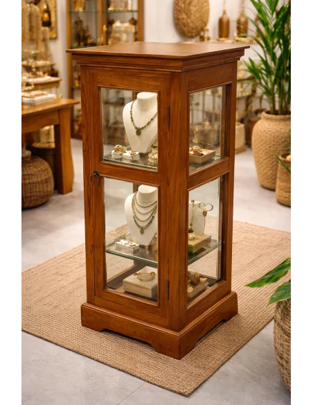 Vetrinetta in Legno di Teak Artigianale – Espositore Elegante con Vetro 46x46x100h – Made in Indonesia