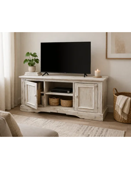 Porta TV in Legno di Albesia 100 cm – Mobile Artigianale Shabby Chic Moderno | Fatto a Mano in Indonesia