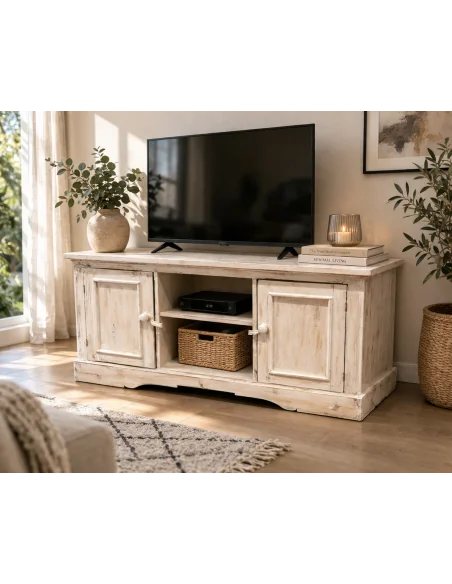 Porta TV in Legno di Albesia 100 cm – Mobile Artigianale Shabby Chic Moderno | Fatto a Mano in Indonesia