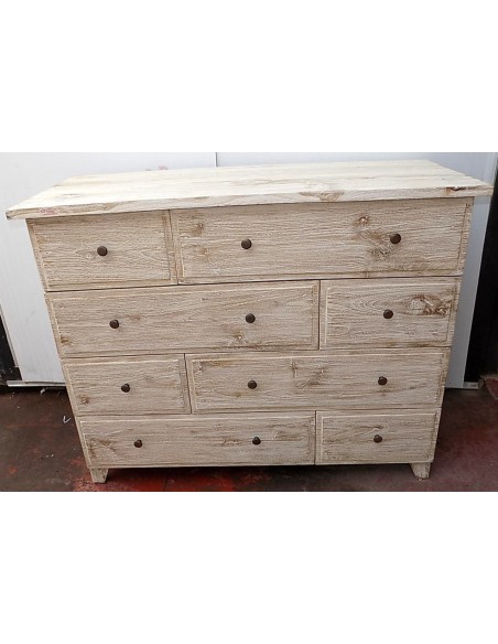 Comò cassettone settimino in teak bianco decapato cm 126x54x100h 8 cassetti
