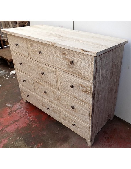 Comò cassettone settimino in teak bianco decapato cm 126x54x100h 8 cassetti